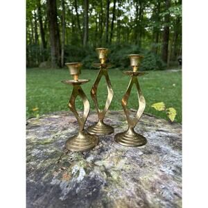 Vintage MCM Set Of 3 Brass Twisted Candlestick Holders - Made in India